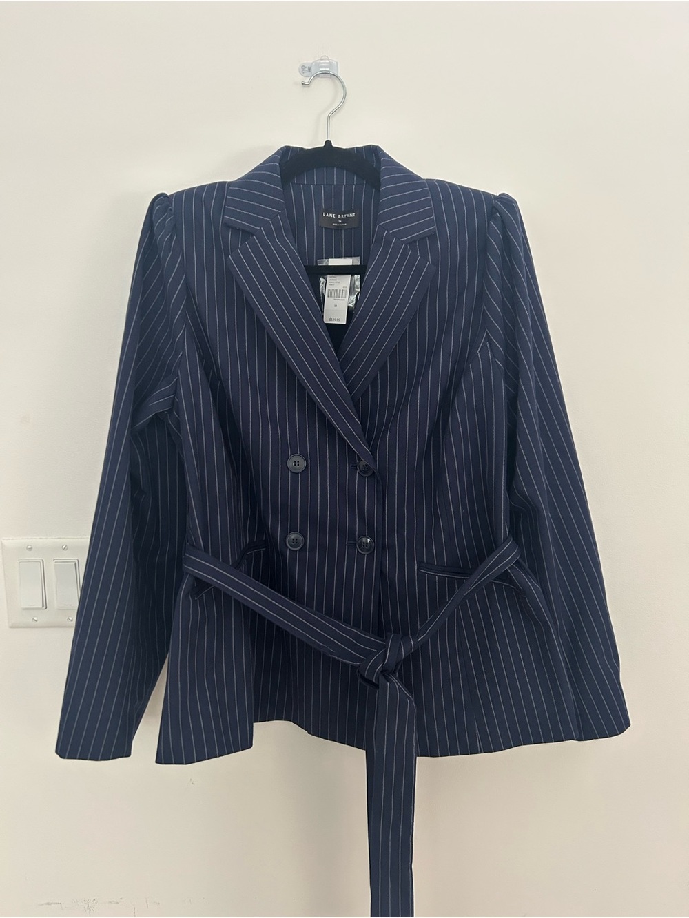 Lane Bryant Womens Size 16 NWT Navy Pinstripe Belted Double Breasted Blazer